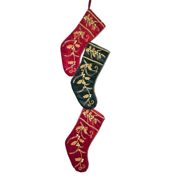 Prima Valentina Other - Vintage Velvet Christmas Stocking Set Of 3 Gold Holly Beaded And Bells